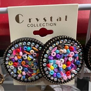 $12 Multi-Colored Beads outlined in Rhinestone on Black Setting Round Earrings
